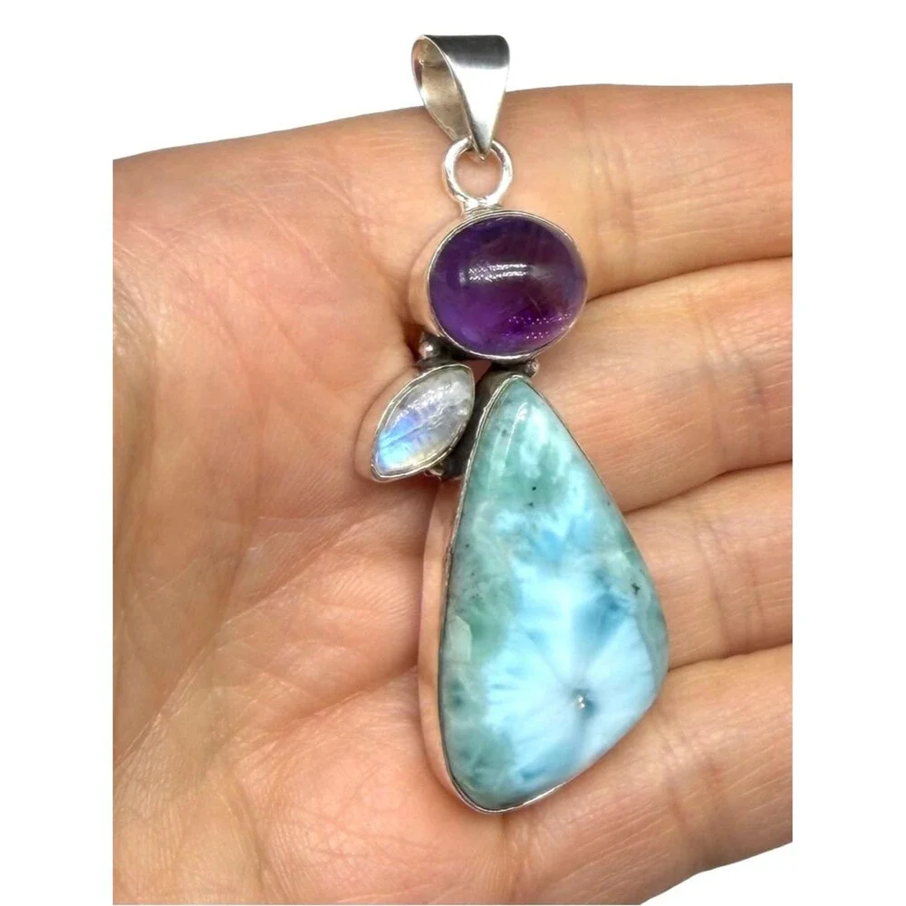 Larimar Amethyst Rainbow Moonstone Necklace Pendant Solid 925 Sterling Silver